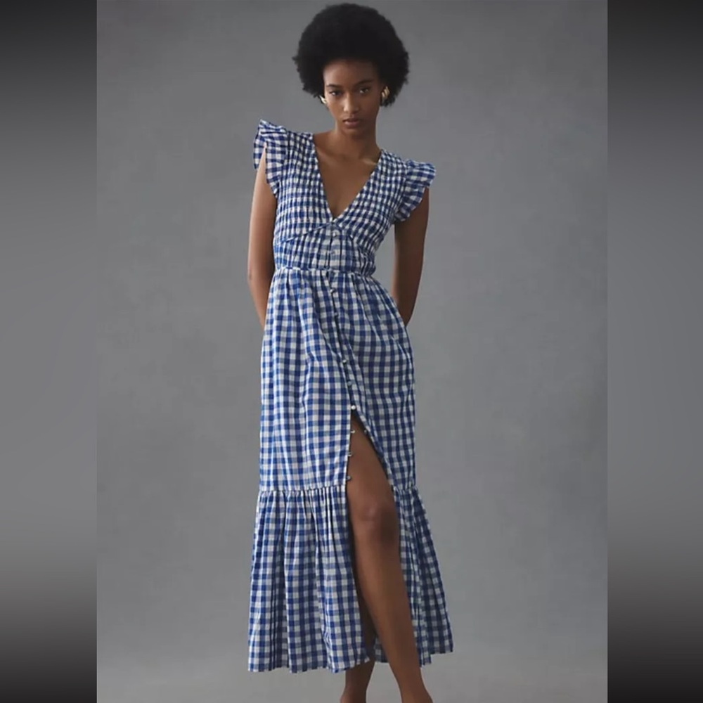 ANTHROPOLOGIE Medium PETITE THE PEREGRINE MIDI DRESS BLUE PLAID ORIGINAL $160